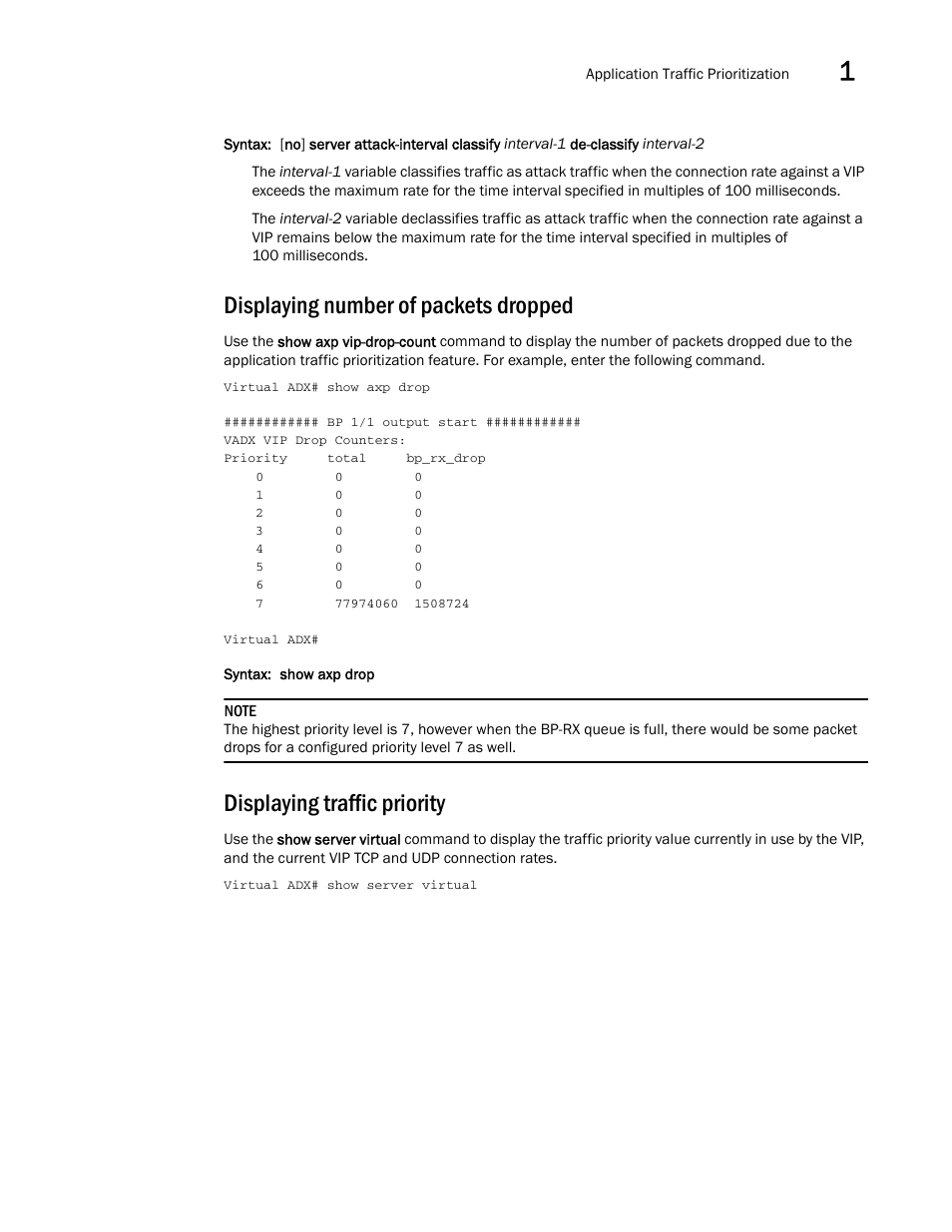 Displaying number of packets dropped, Displaying traffic priority | Brocade Virtual ADX Security Guide (Supporting ADX v03.1.00) User Manual | Page 17 / 180