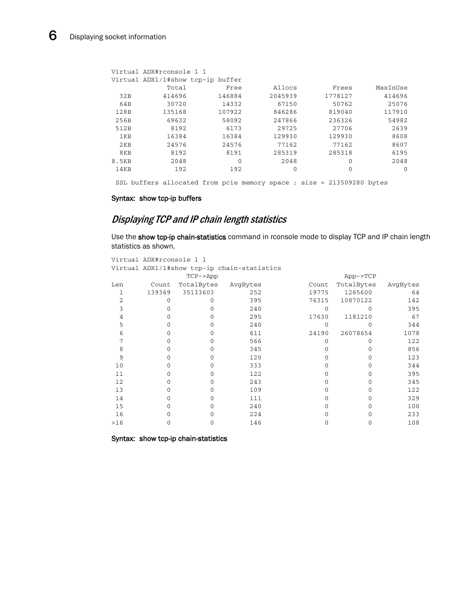 Displaying tcp and ip chain length statistics | Brocade Virtual ADX Security Guide (Supporting ADX v03.1.00) User Manual | Page 174 / 180