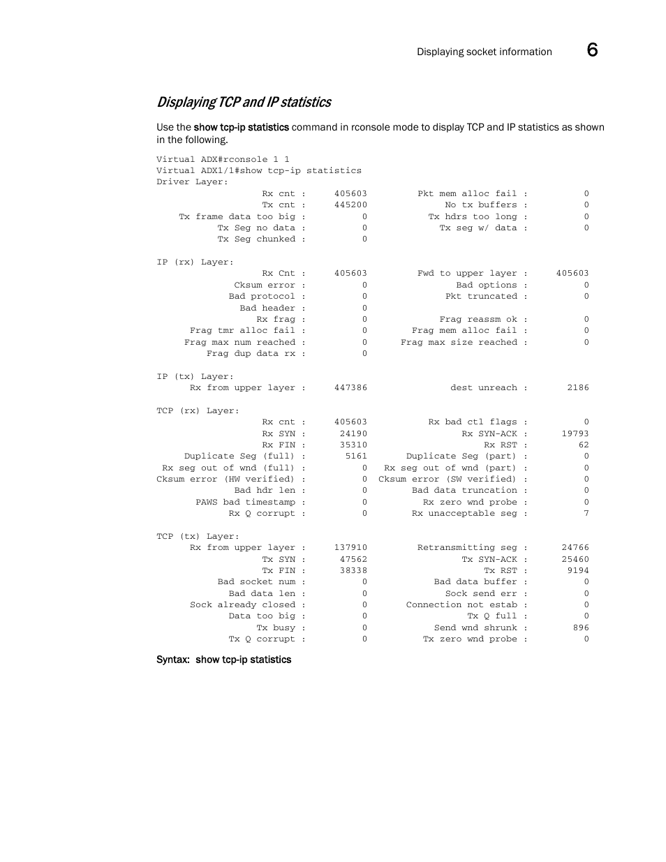 Displaying tcp and ip statistics | Brocade Virtual ADX Security Guide (Supporting ADX v03.1.00) User Manual | Page 175 / 180