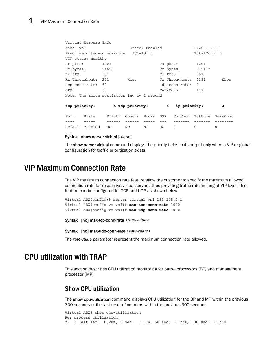 Vip maximum connection rate, Cpu utilization with trap, Show cpu utilization | Brocade Virtual ADX Security Guide (Supporting ADX v03.1.00) User Manual | Page 18 / 180