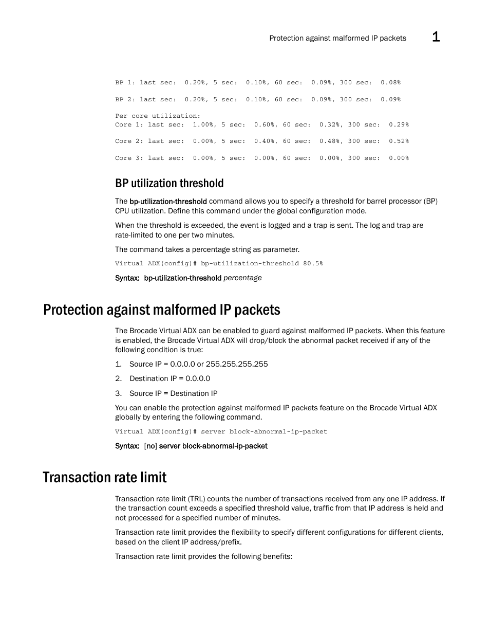 Bp utilization threshold, Protection against malformed ip packets, Transaction rate limit | Brocade Virtual ADX Security Guide (Supporting ADX v03.1.00) User Manual | Page 19 / 180