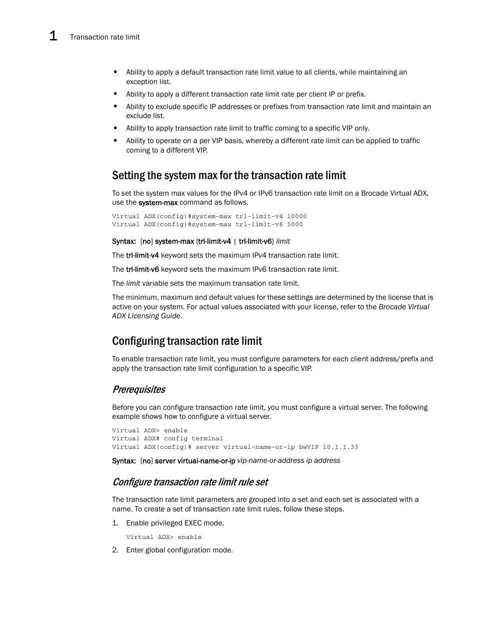 Configuring transaction rate limit, Prerequisites, Configure transaction rate limit rule set | Brocade Virtual ADX Security Guide (Supporting ADX v03.1.00) User Manual | Page 20 / 180