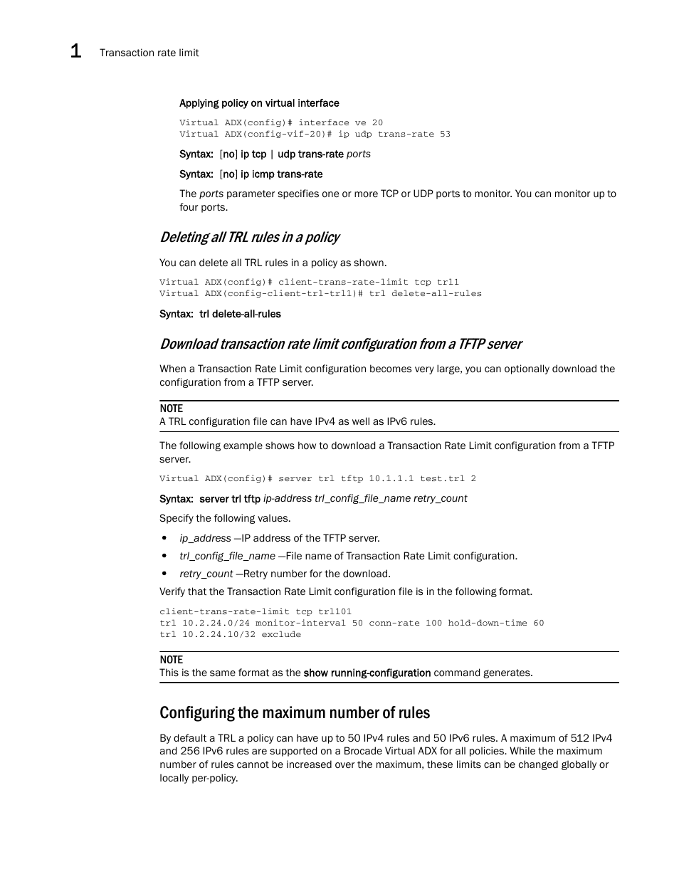 Configuring the maximum number of rules, Deleting all trl rules in a policy | Brocade Virtual ADX Security Guide (Supporting ADX v03.1.00) User Manual | Page 24 / 180