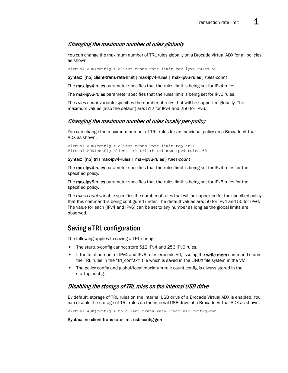 Saving a trl configuration, Changing the maximum number of rules globally | Brocade Virtual ADX Security Guide (Supporting ADX v03.1.00) User Manual | Page 25 / 180