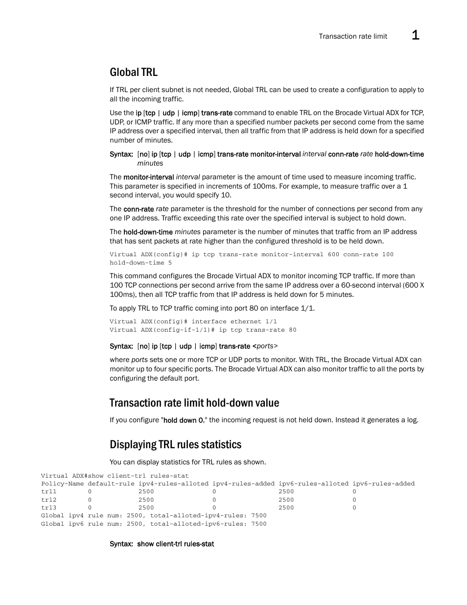 Global trl, Transaction rate limit hold-down value, Displaying trl rules statistics | Brocade Virtual ADX Security Guide (Supporting ADX v03.1.00) User Manual | Page 27 / 180