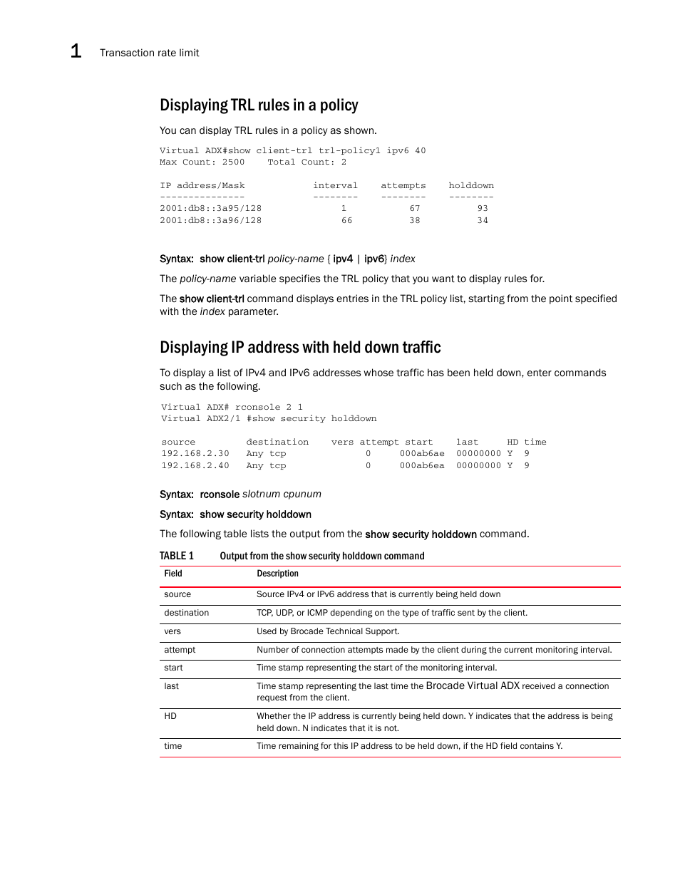 Displaying trl rules in a policy, Displaying ip address with held down traffic | Brocade Virtual ADX Security Guide (Supporting ADX v03.1.00) User Manual | Page 28 / 180