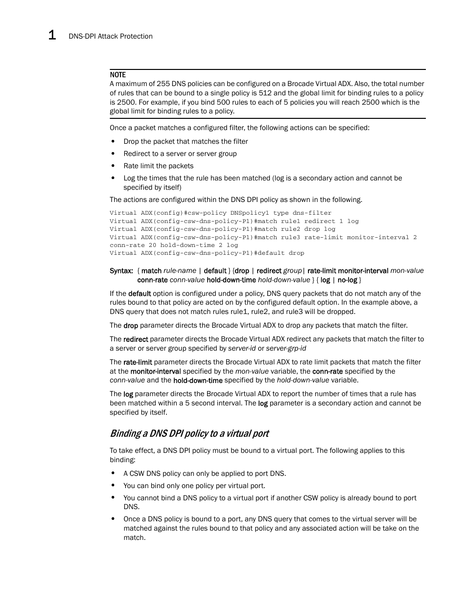 Binding a dns dpi policy to a virtual port | Brocade Virtual ADX Security Guide (Supporting ADX v03.1.00) User Manual | Page 32 / 180