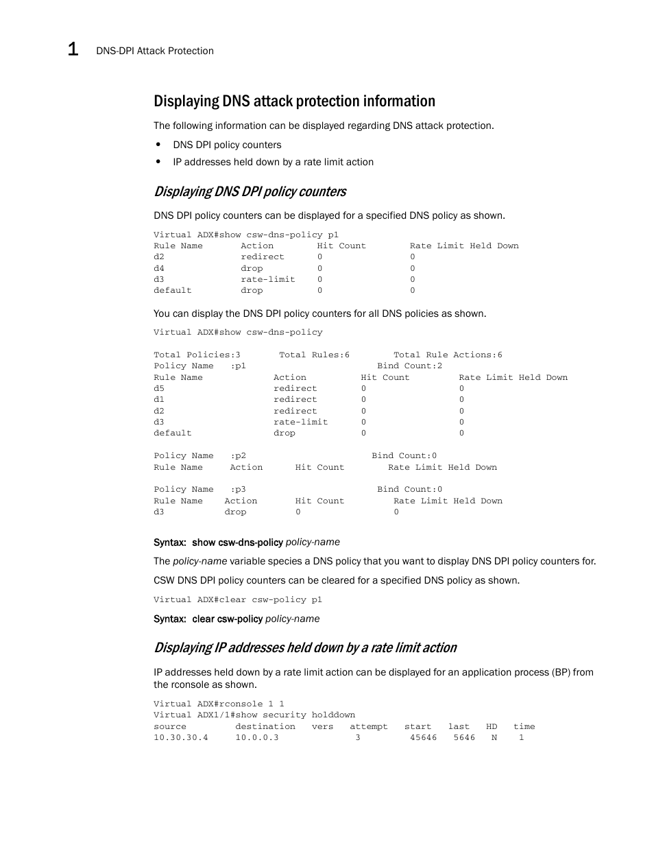 Displaying dns attack protection information, Displaying dns dpi policy counters | Brocade Virtual ADX Security Guide (Supporting ADX v03.1.00) User Manual | Page 34 / 180