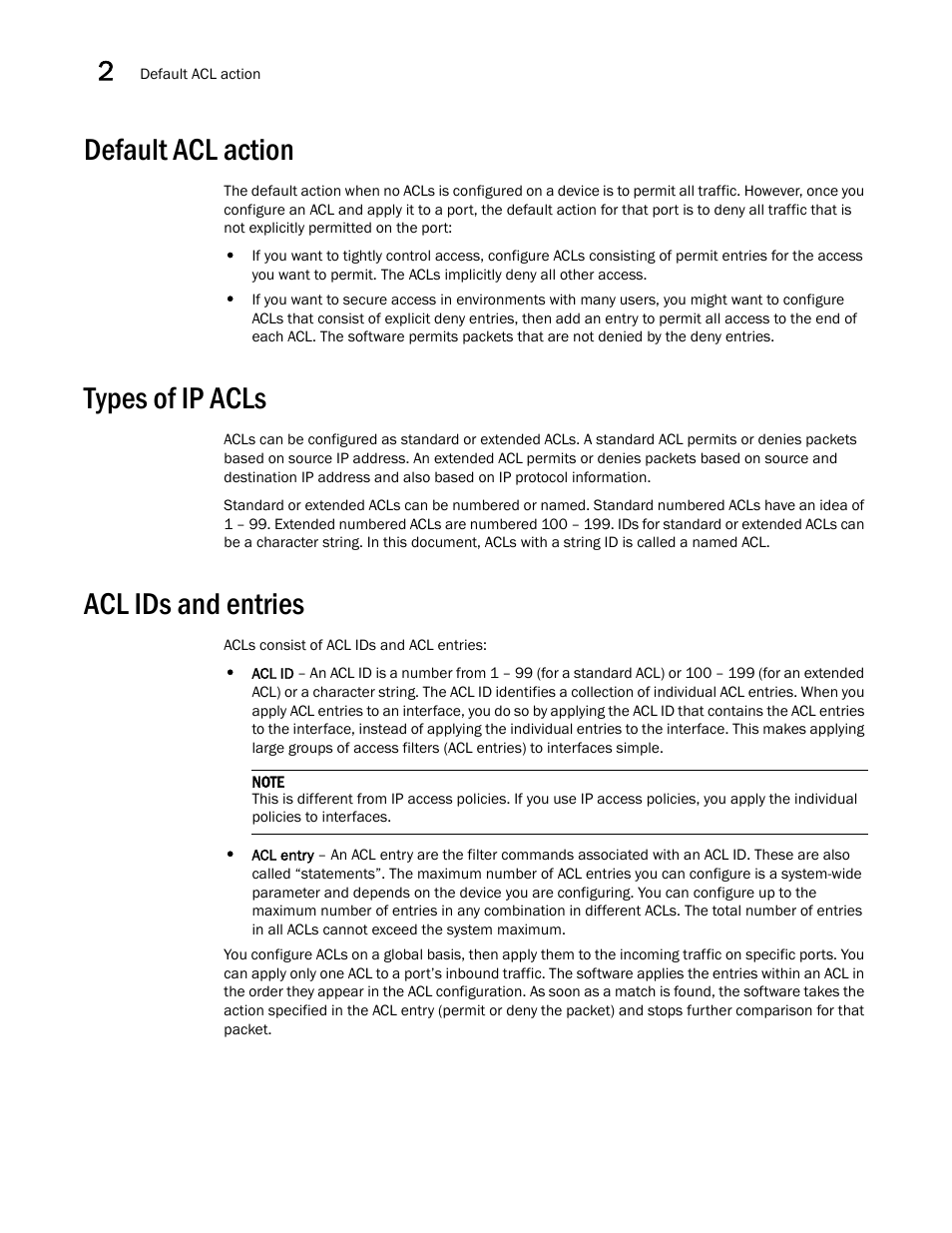 Default acl action, Types of ip acls, Acl ids and entries | Brocade Virtual ADX Security Guide (Supporting ADX v03.1.00) User Manual | Page 38 / 180