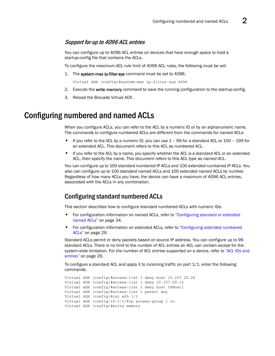 Configuring numbered and named acls, Configuring standard numbered acls, Support for up to 4096 acl entries | Brocade Virtual ADX Security Guide (Supporting ADX v03.1.00) User Manual | Page 39 / 180