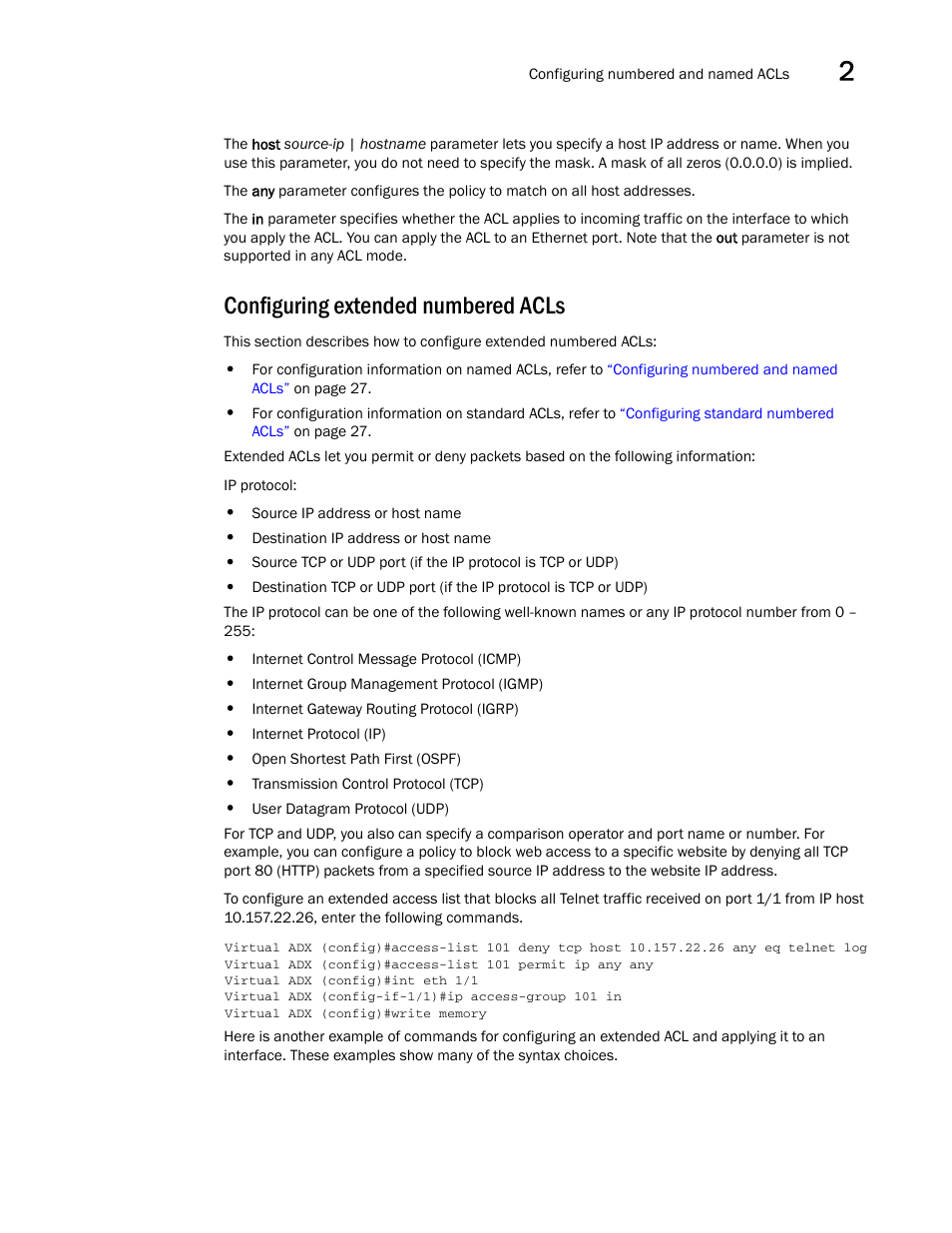 Configuring extended numbered acls, Configuring extended numbered, Acls | Brocade Virtual ADX Security Guide (Supporting ADX v03.1.00) User Manual | Page 41 / 180