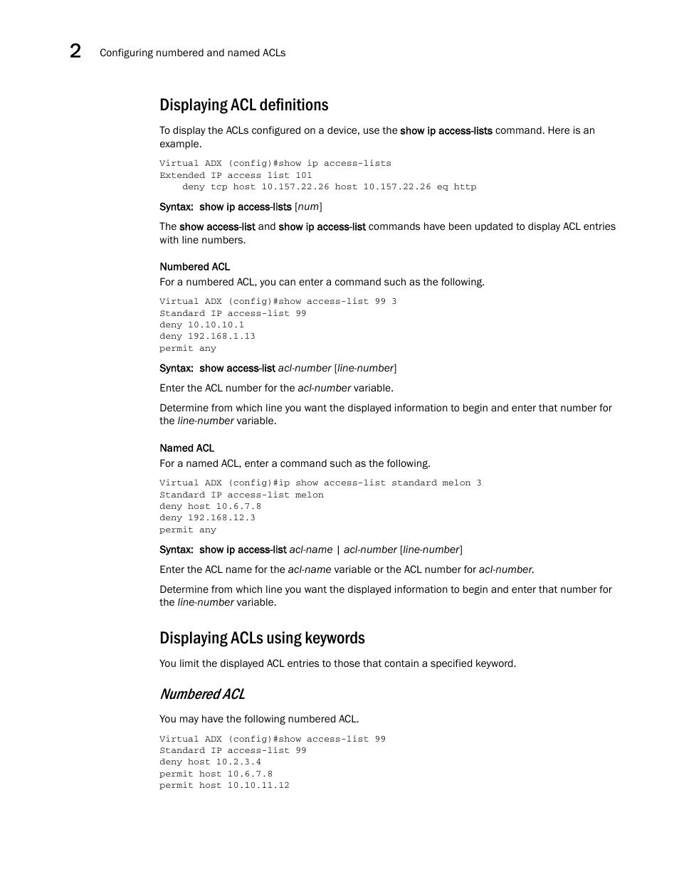 Displaying acl definitions, Displaying acls using keywords, Numbered acl | Brocade Virtual ADX Security Guide (Supporting ADX v03.1.00) User Manual | Page 48 / 180