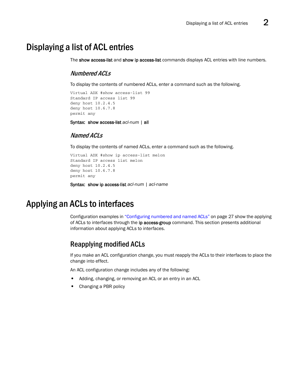 Displaying a list of acl entries, Applying an acls to interfaces, Reapplying modified acls | Numbered acls, Named acls | Brocade Virtual ADX Security Guide (Supporting ADX v03.1.00) User Manual | Page 53 / 180