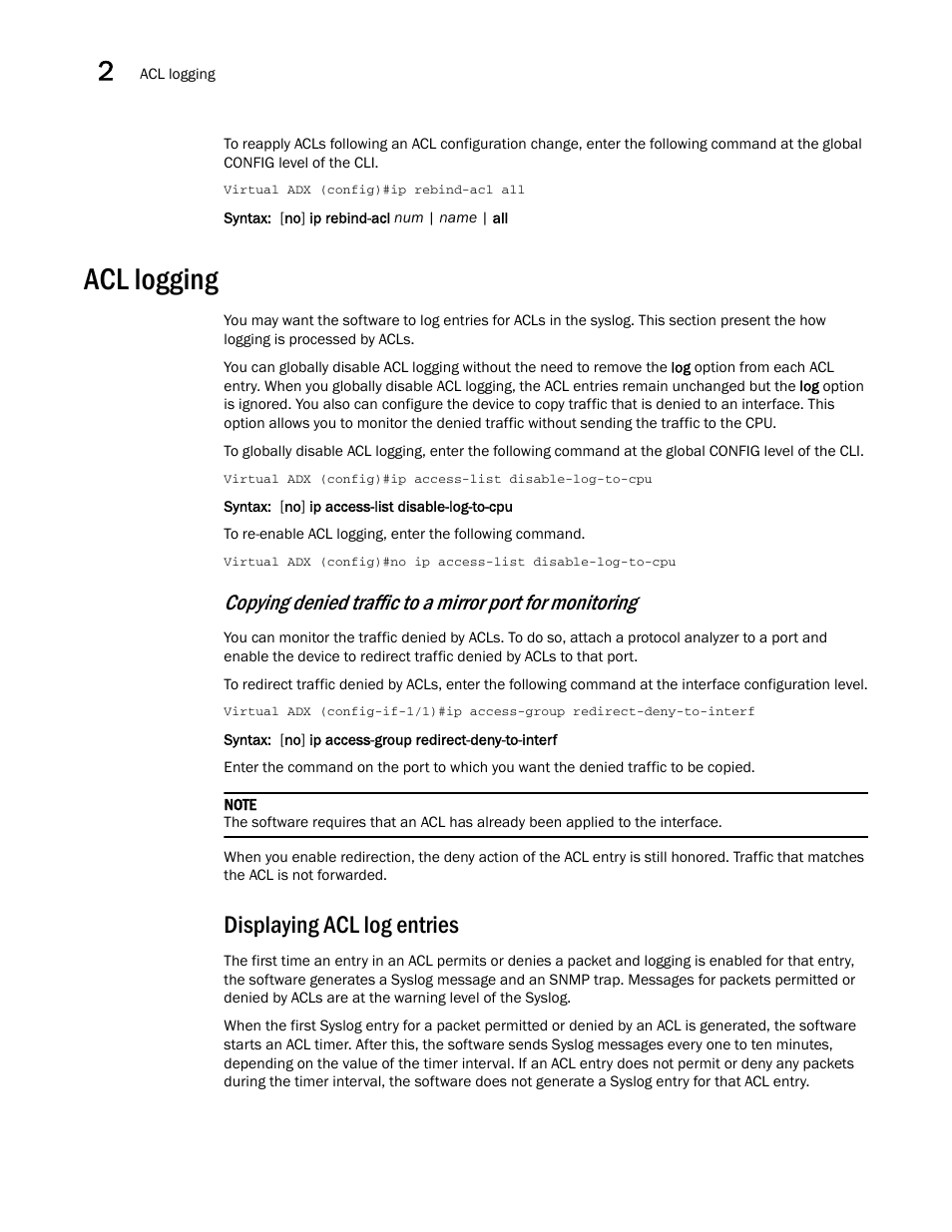 Acl logging, Displaying acl log entries | Brocade Virtual ADX Security Guide (Supporting ADX v03.1.00) User Manual | Page 54 / 180