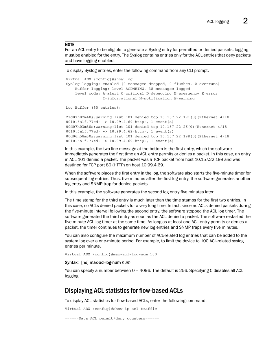 Displaying acl statistics for flow-based acls | Brocade Virtual ADX Security Guide (Supporting ADX v03.1.00) User Manual | Page 55 / 180