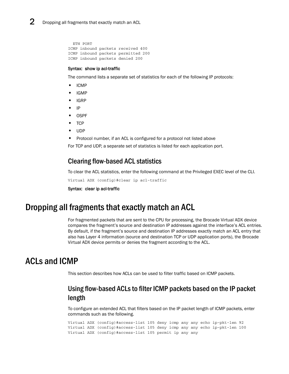 Clearing flow-based acl statistics, Dropping all fragments that exactly match an acl, Acls and icmp | Dropping all fragments that exactly, Match an acl | Brocade Virtual ADX Security Guide (Supporting ADX v03.1.00) User Manual | Page 56 / 180