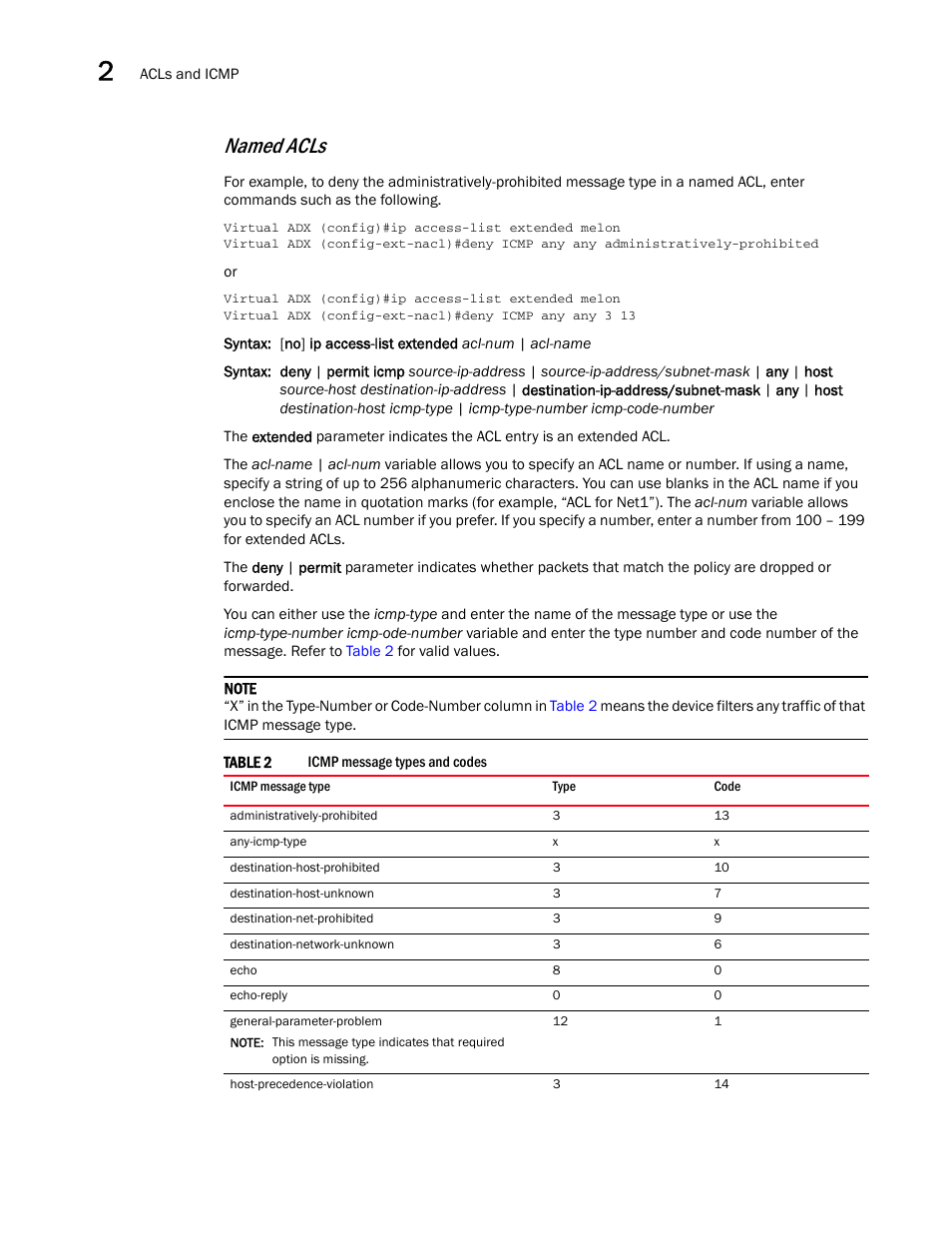 Table 2, Named acls | Brocade Virtual ADX Security Guide (Supporting ADX v03.1.00) User Manual | Page 58 / 180