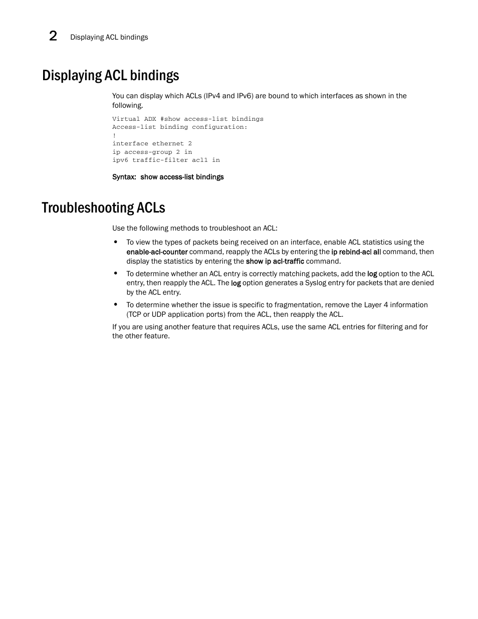 Displaying acl bindings, Troubleshooting acls | Brocade Virtual ADX Security Guide (Supporting ADX v03.1.00) User Manual | Page 60 / 180