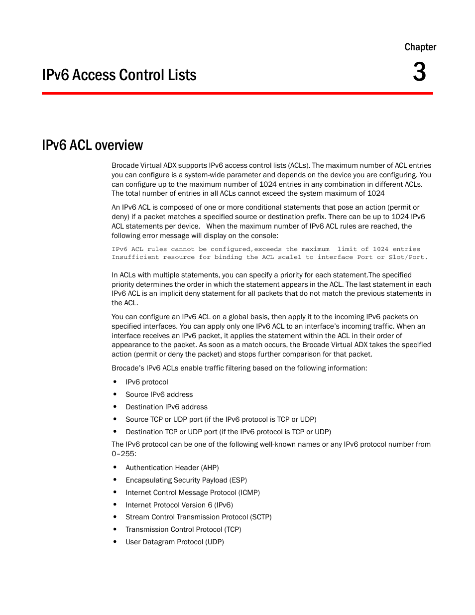 Ipv6 access control lists, Ipv6 acl overview, Chapter 3 | Brocade Virtual ADX Security Guide (Supporting ADX v03.1.00) User Manual | Page 61 / 180