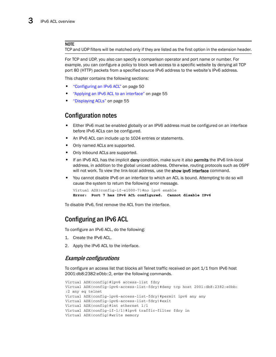 Configuration notes, Configuring an ipv6 acl, Example configurations | Brocade Virtual ADX Security Guide (Supporting ADX v03.1.00) User Manual | Page 62 / 180