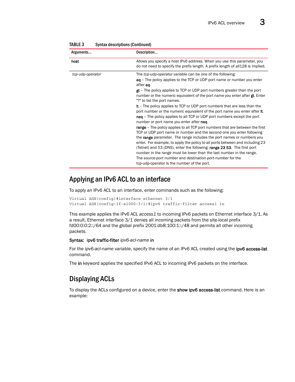 Applying an ipv6 acl to an interface, Displaying acls | Brocade Virtual ADX Security Guide (Supporting ADX v03.1.00) User Manual | Page 67 / 180