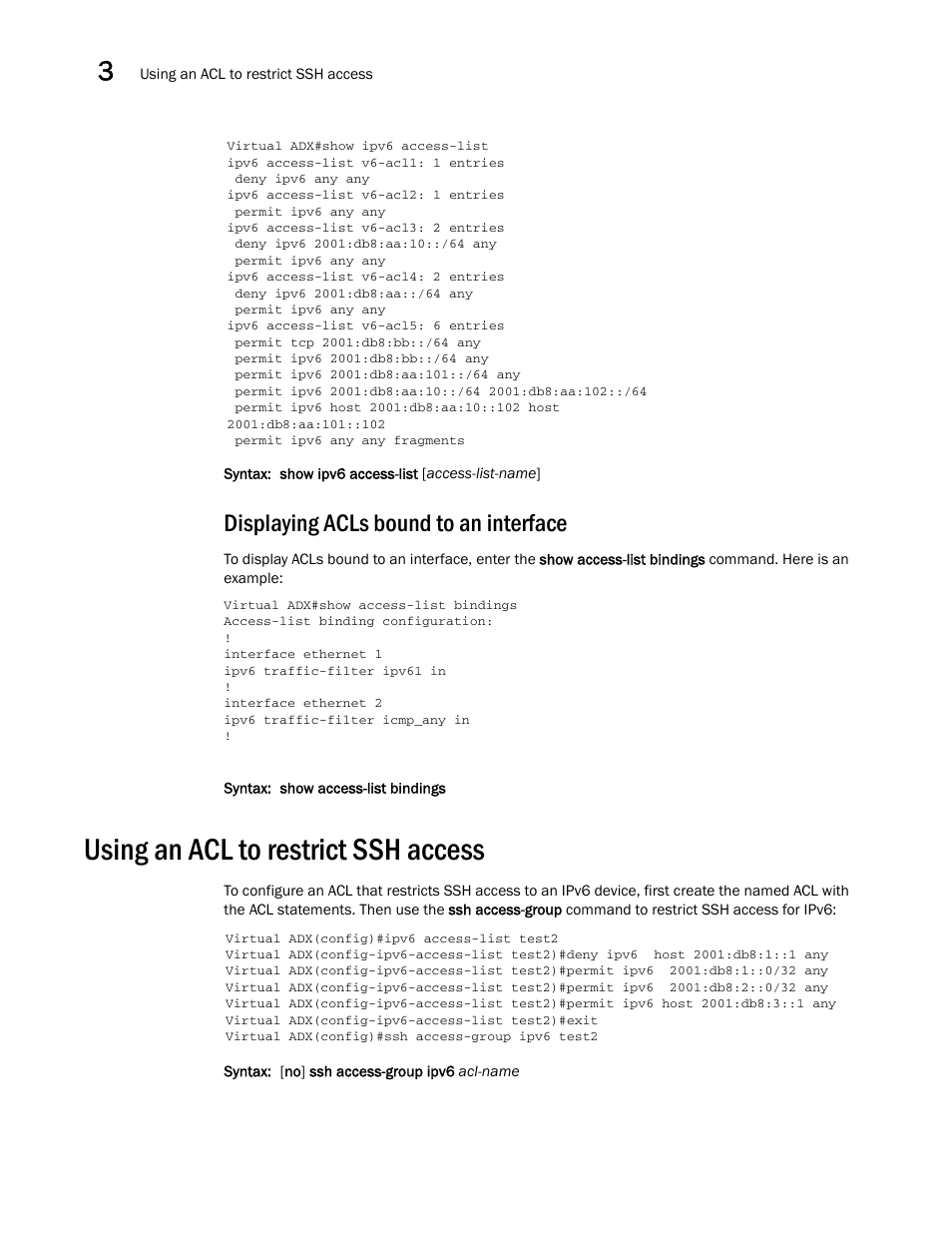 Displaying acls bound to an interface, Using an acl to restrict ssh access | Brocade Virtual ADX Security Guide (Supporting ADX v03.1.00) User Manual | Page 68 / 180