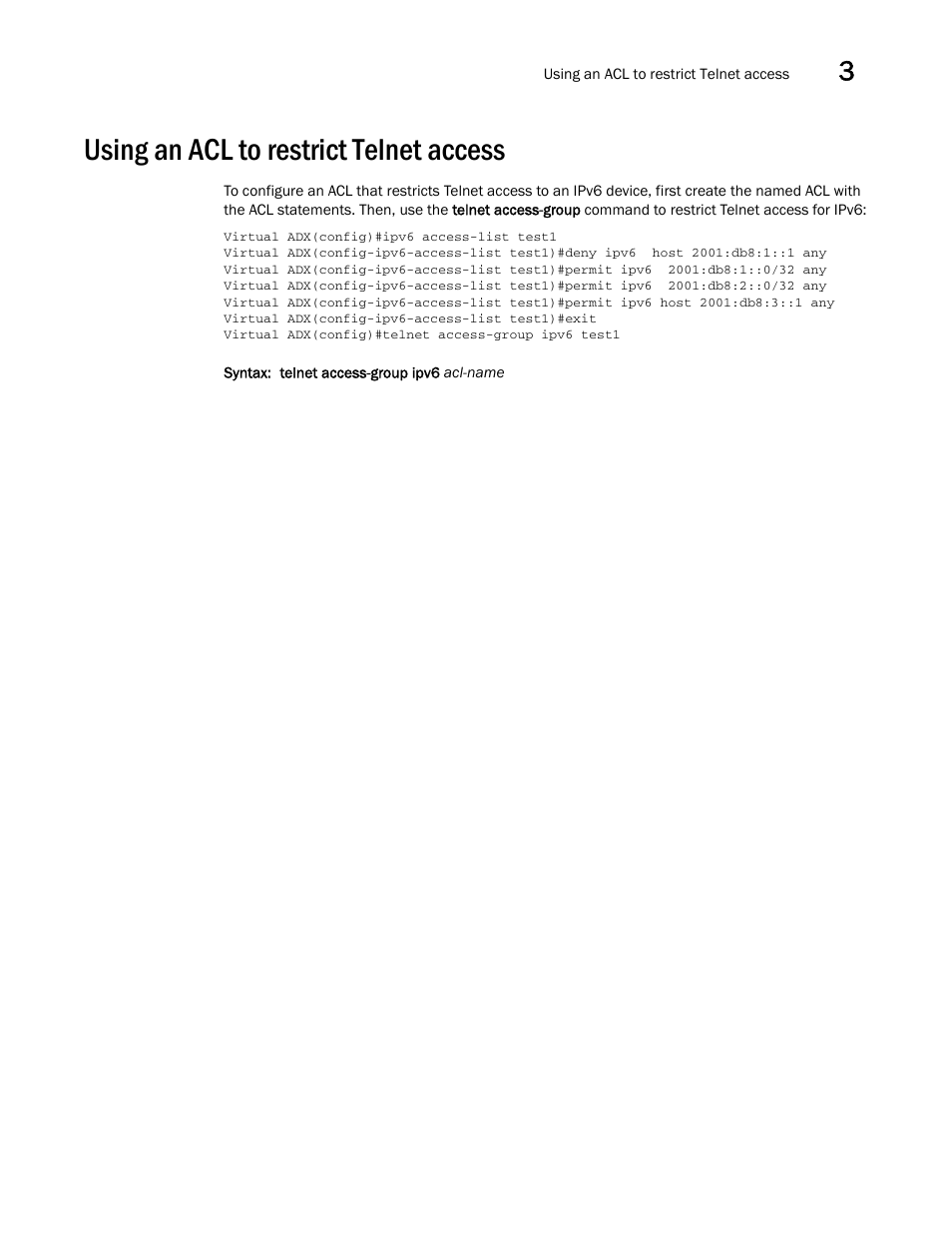 Using an acl to restrict telnet access | Brocade Virtual ADX Security Guide (Supporting ADX v03.1.00) User Manual | Page 69 / 180