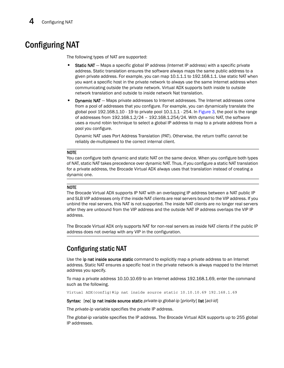 Configuring nat, Configuring static nat | Brocade Virtual ADX Security Guide (Supporting ADX v03.1.00) User Manual | Page 72 / 180