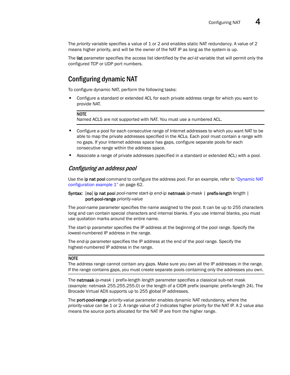 Configuring dynamic nat, Configuring an address pool | Brocade Virtual ADX Security Guide (Supporting ADX v03.1.00) User Manual | Page 73 / 180