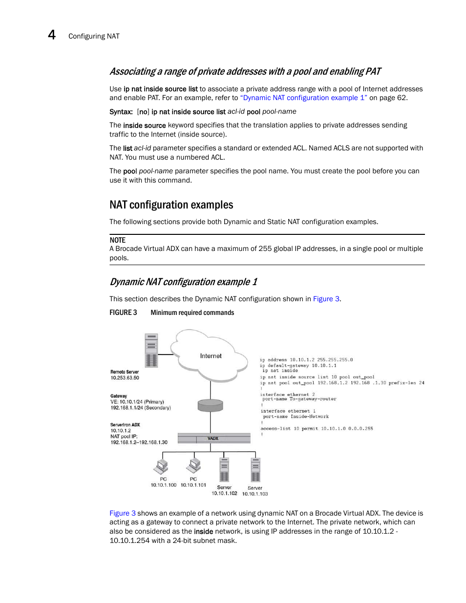 Nat configuration examples, Dynamic nat configuration example 1 | Brocade Virtual ADX Security Guide (Supporting ADX v03.1.00) User Manual | Page 74 / 180