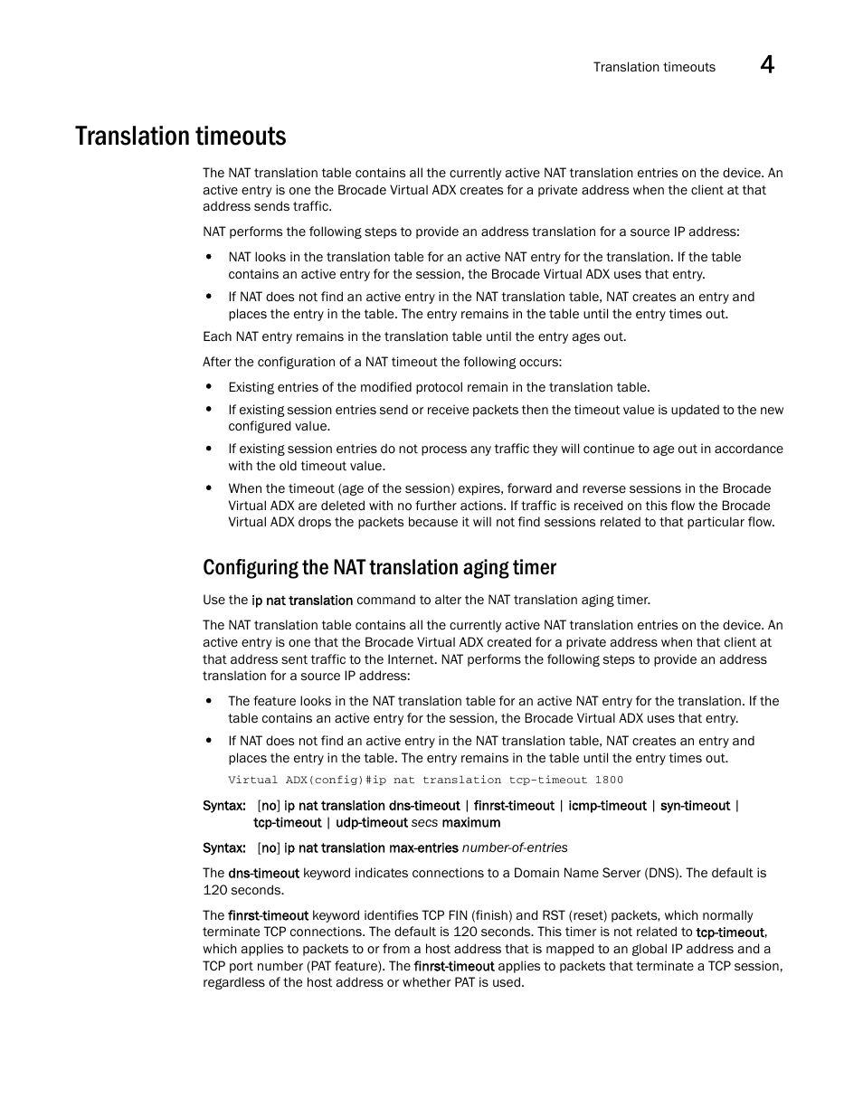 Translation timeouts, Configuring the nat translation aging timer | Brocade Virtual ADX Security Guide (Supporting ADX v03.1.00) User Manual | Page 79 / 180