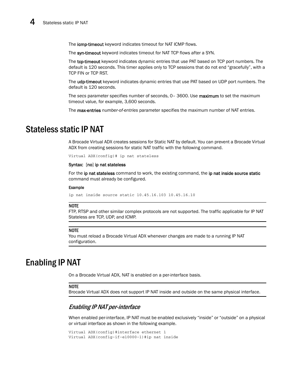 Stateless static ip nat, Enabling ip nat, Enabling ip nat per-interface | Brocade Virtual ADX Security Guide (Supporting ADX v03.1.00) User Manual | Page 80 / 180