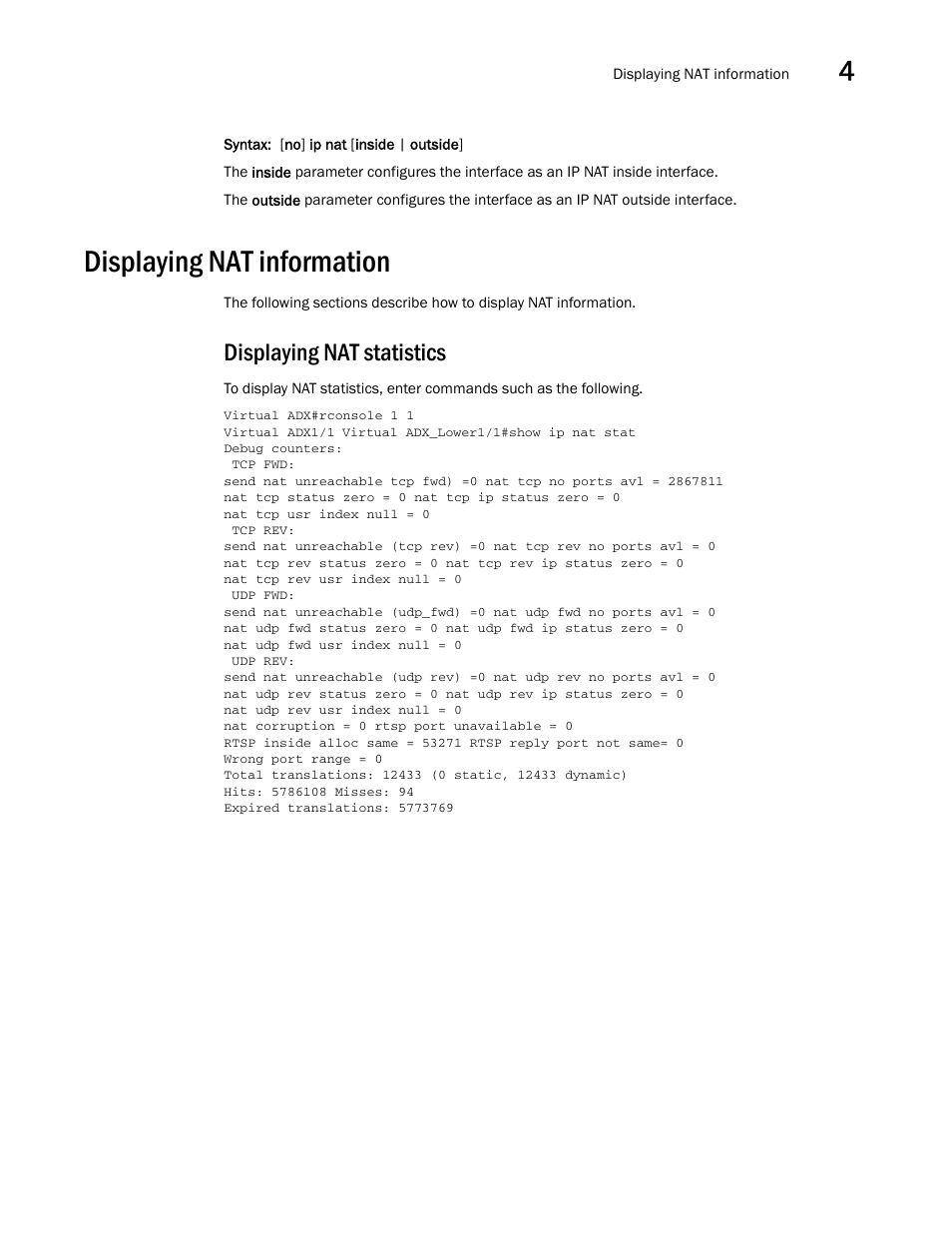 Displaying nat information, Displaying nat statistics | Brocade Virtual ADX Security Guide (Supporting ADX v03.1.00) User Manual | Page 81 / 180