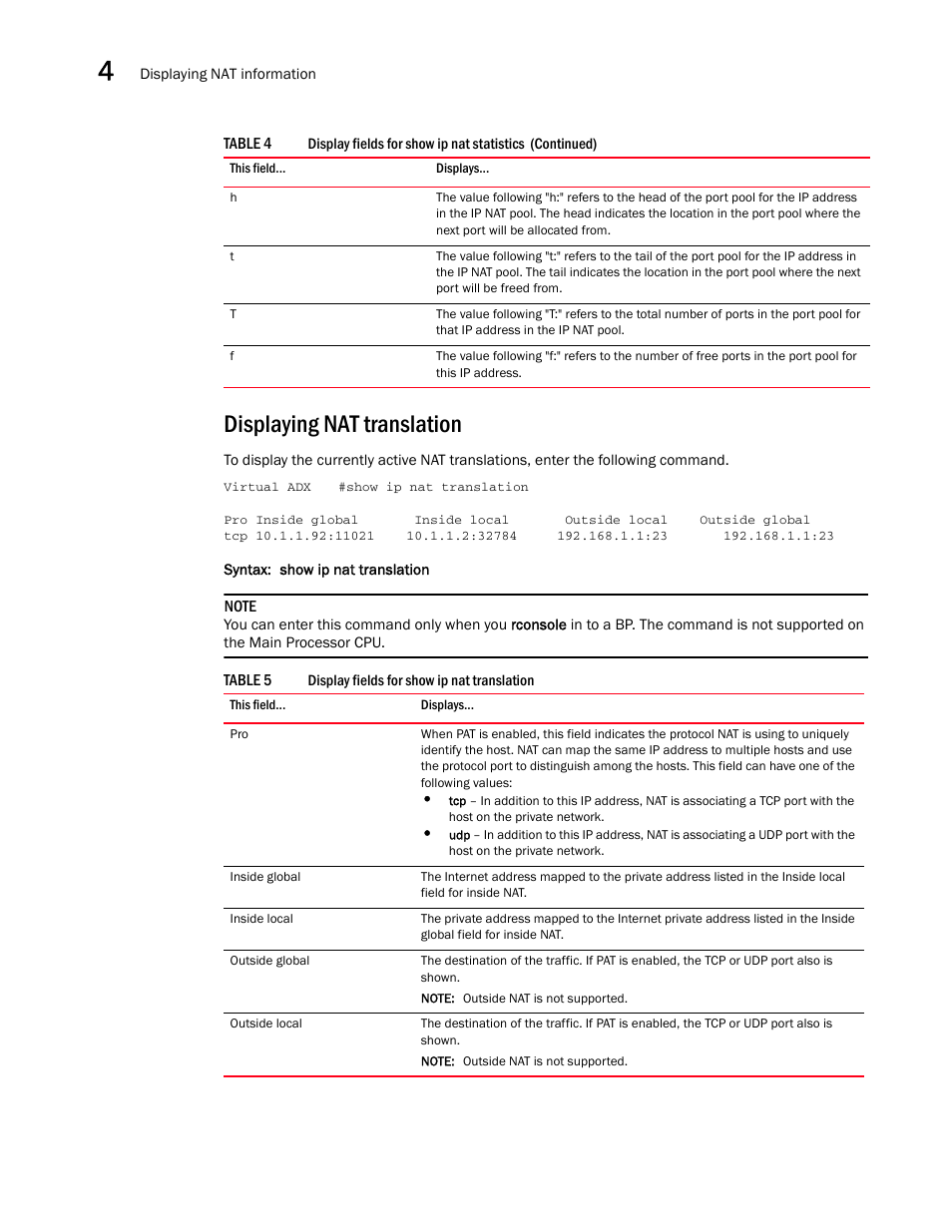 Displaying nat translation | Brocade Virtual ADX Security Guide (Supporting ADX v03.1.00) User Manual | Page 84 / 180