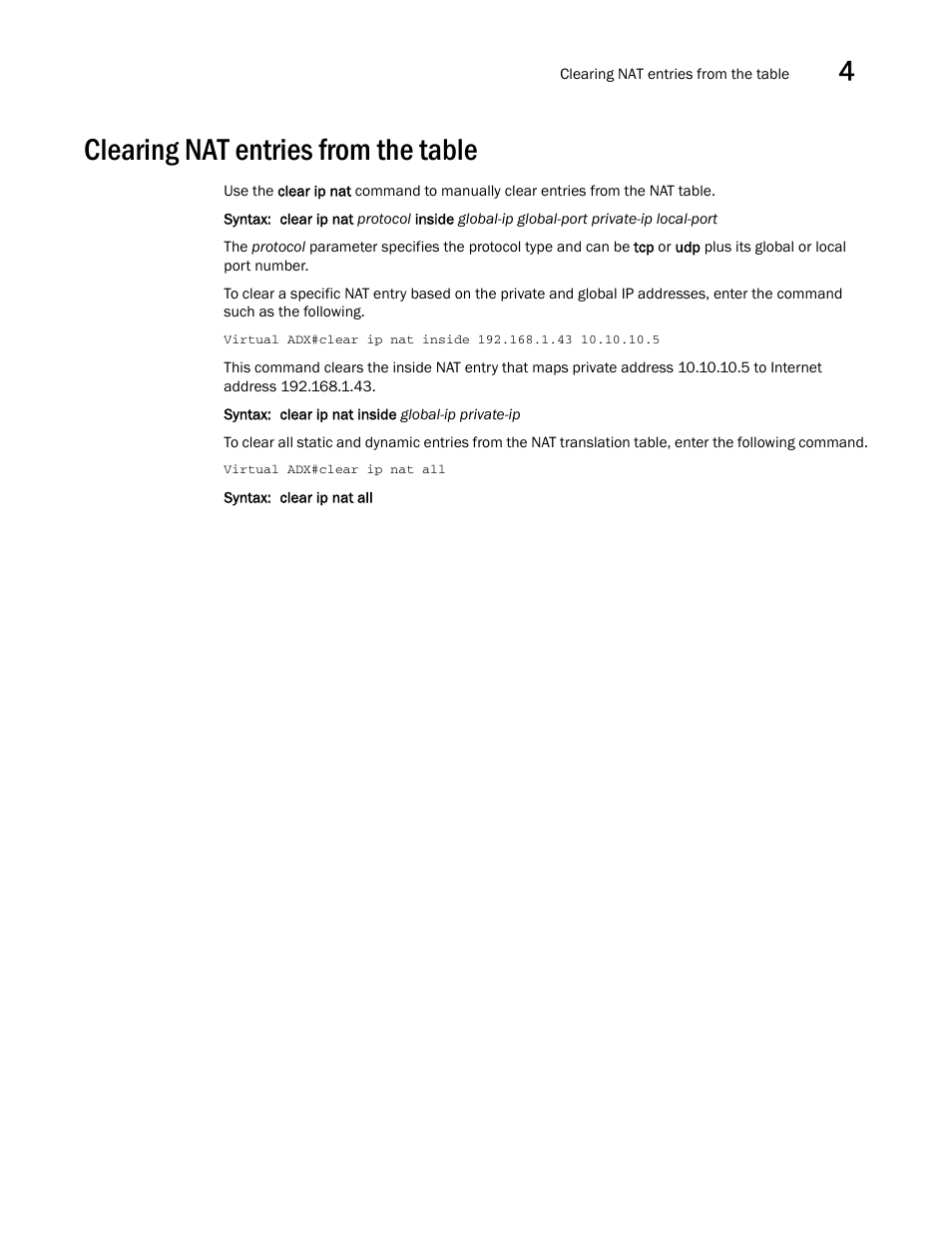 Clearing nat entries from the table | Brocade Virtual ADX Security Guide (Supporting ADX v03.1.00) User Manual | Page 85 / 180