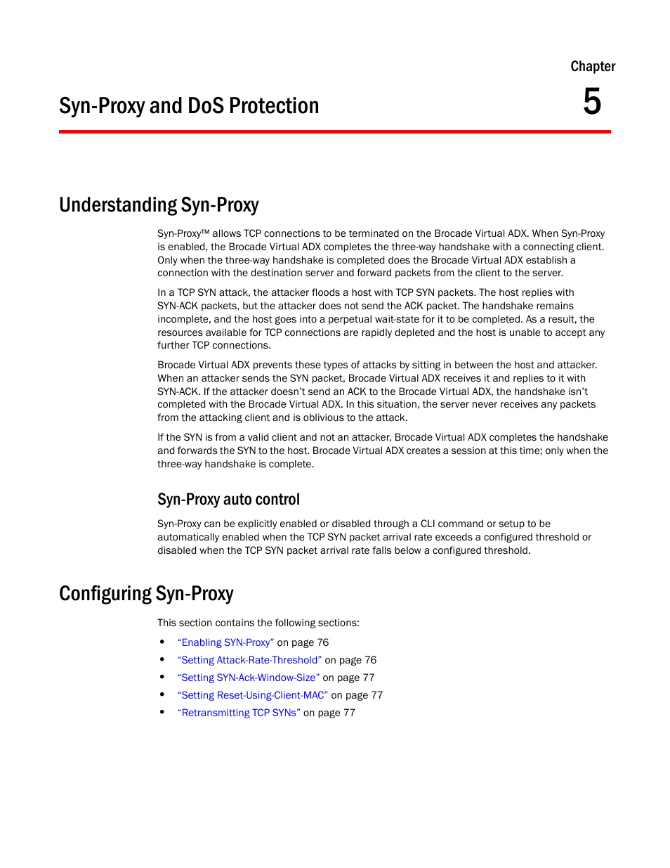 Syn-proxy and dos protection, Understanding syn-proxy, Syn-proxy auto control | Configuring syn-proxy, Chapter 5 | Brocade Virtual ADX Security Guide (Supporting ADX v03.1.00) User Manual | Page 87 / 180