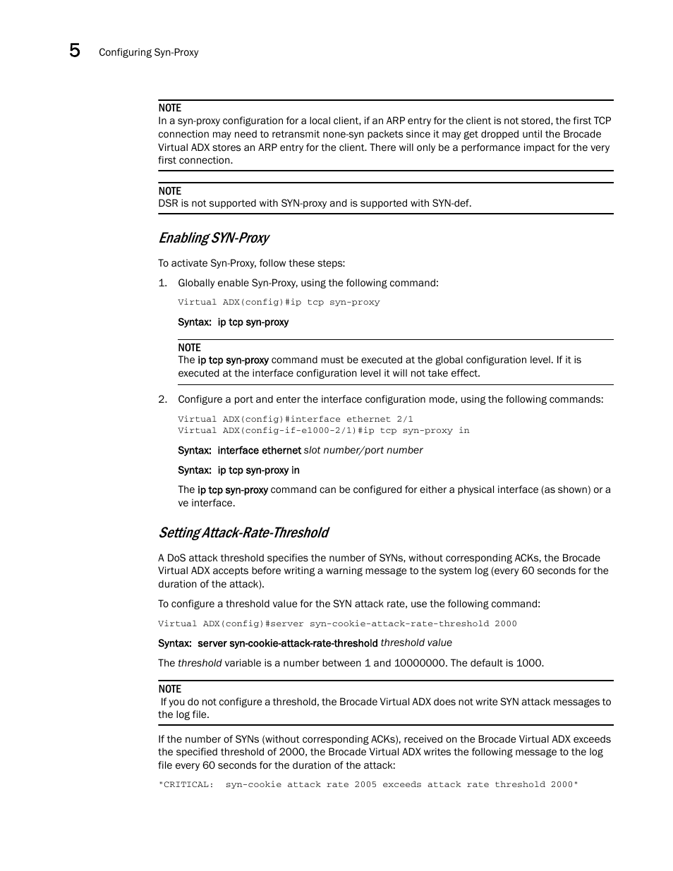 Enabling syn-proxy, Setting attack-rate-threshold | Brocade Virtual ADX Security Guide (Supporting ADX v03.1.00) User Manual | Page 88 / 180