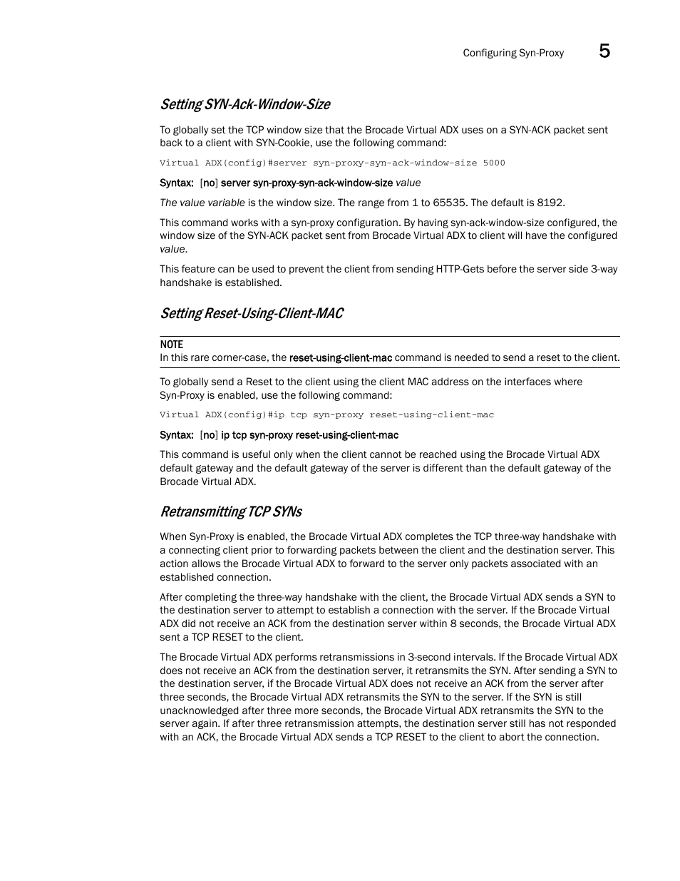 Setting syn-ack-window-size, Setting reset-using-client-mac, Retransmitting tcp syns | Brocade Virtual ADX Security Guide (Supporting ADX v03.1.00) User Manual | Page 89 / 180