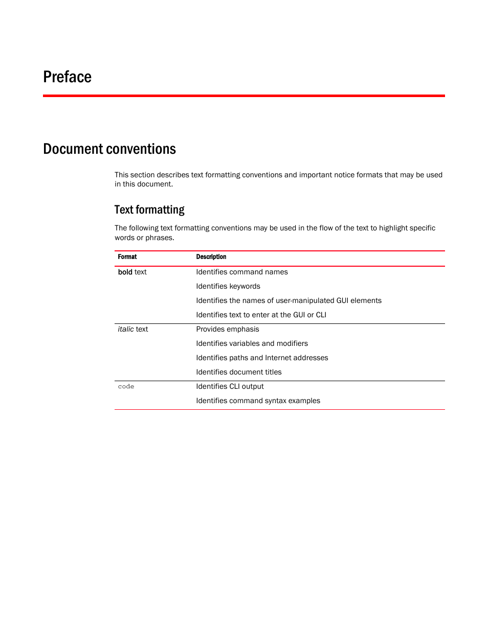 Preface, Document conventions, Text formatting | Brocade Virtual ADX Security Guide (Supporting ADX v03.1.00) User Manual | Page 9 / 180