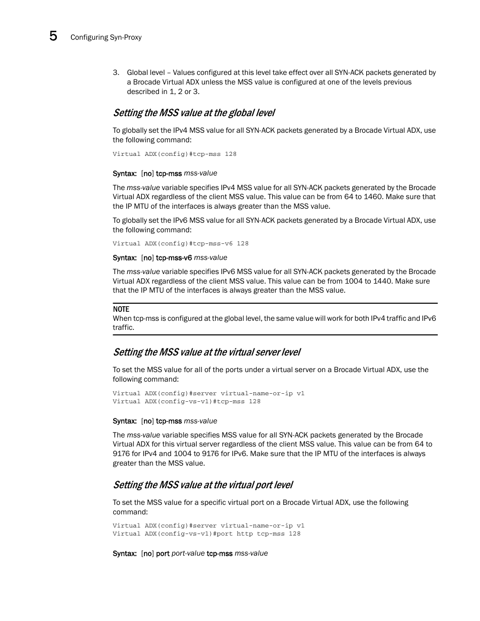 Setting the mss value at the global level, Setting the mss value at the virtual server level, Setting the mss value at the virtual port level | Brocade Virtual ADX Security Guide (Supporting ADX v03.1.00) User Manual | Page 92 / 180