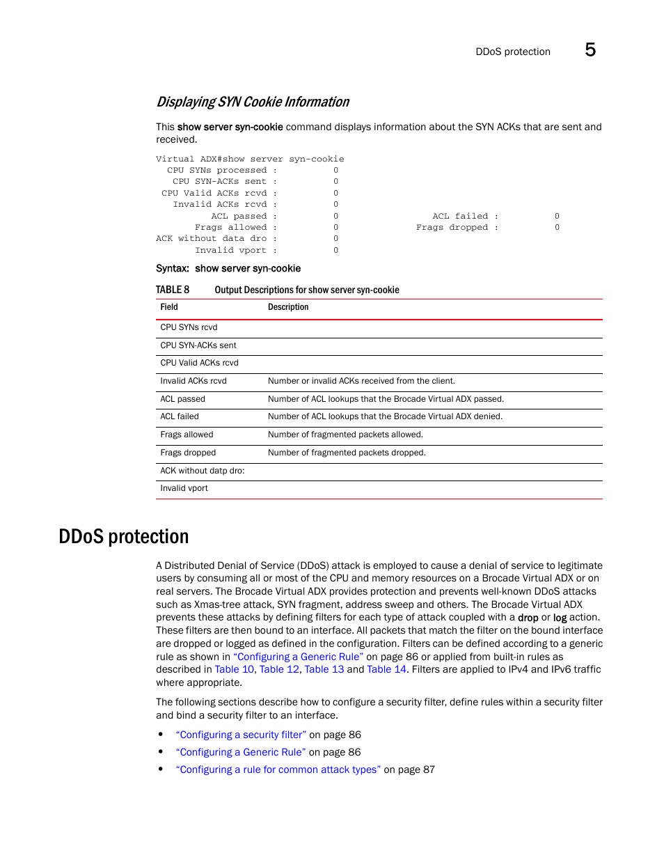 Ddos protection, Displaying syn cookie information | Brocade Virtual ADX Security Guide (Supporting ADX v03.1.00) User Manual | Page 97 / 180