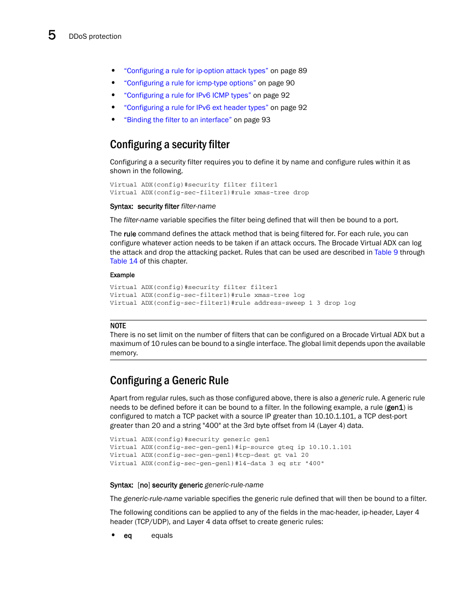 Configuring a security filter, Configuring a generic rule | Brocade Virtual ADX Security Guide (Supporting ADX v03.1.00) User Manual | Page 98 / 180