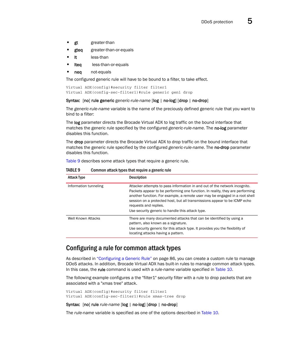 Configuring a rule for common attack types, Table 9 | Brocade Virtual ADX Security Guide (Supporting ADX v03.1.00) User Manual | Page 99 / 180