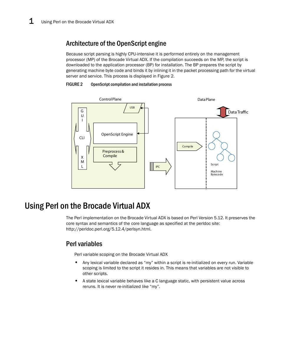 Architecture of the openscript engine, Using perl on the brocade virtual adx, Perl variables | Brocade Virtual ADX OpenScript Programmer’s Guide (Supporting ADX v03.1.00) User Manual | Page 12 / 30