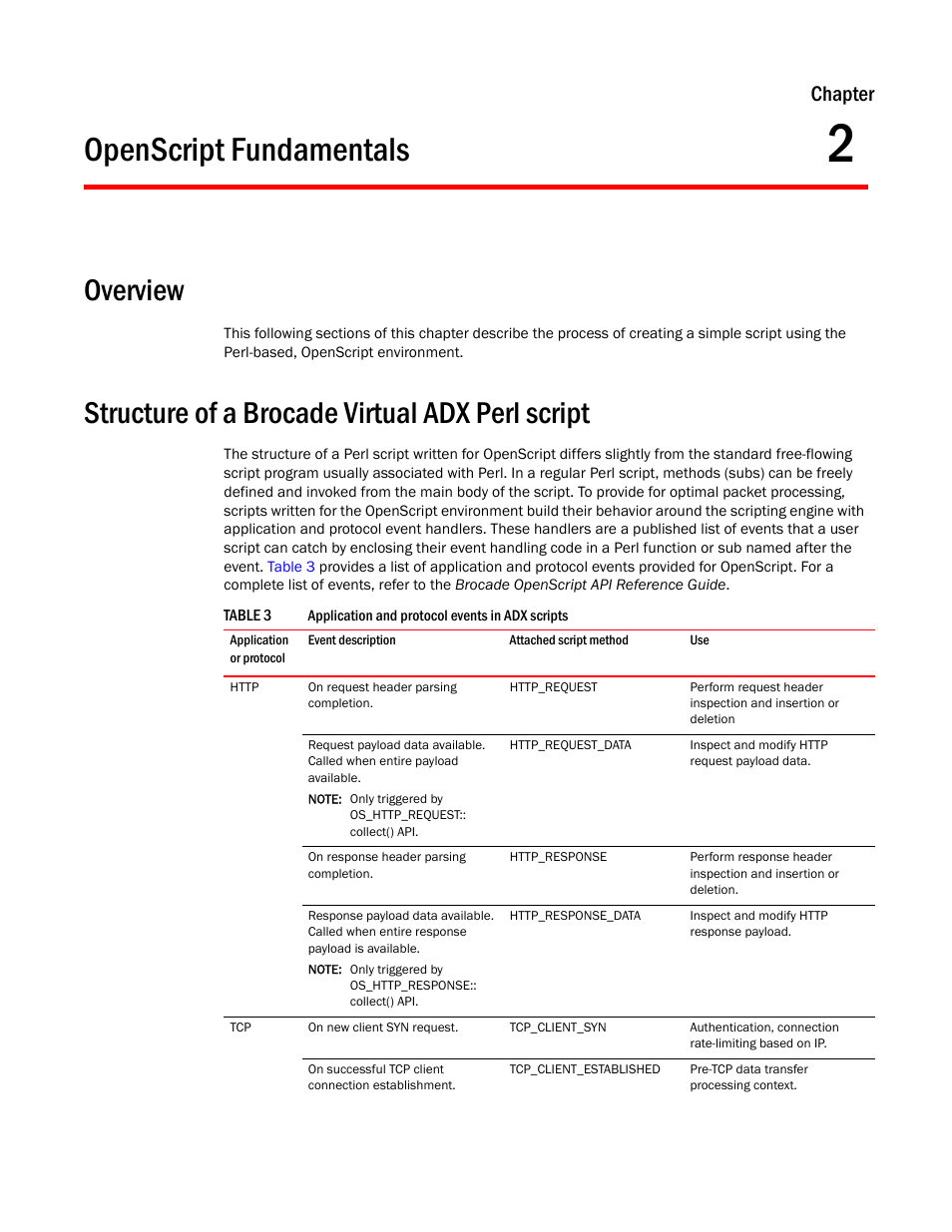 Openscript fundamentals, Overview, Structure of a brocade virtual adx perl script | Chapter 2, Chapter | Brocade Virtual ADX OpenScript Programmer’s Guide (Supporting ADX v03.1.00) User Manual | Page 15 / 30