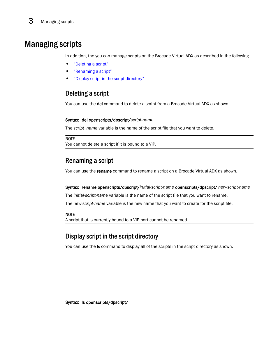 Managing scripts, Deleting a script, Renaming a script | Display script in the script directory | Brocade Virtual ADX OpenScript Programmer’s Guide (Supporting ADX v03.1.00) User Manual | Page 22 / 30