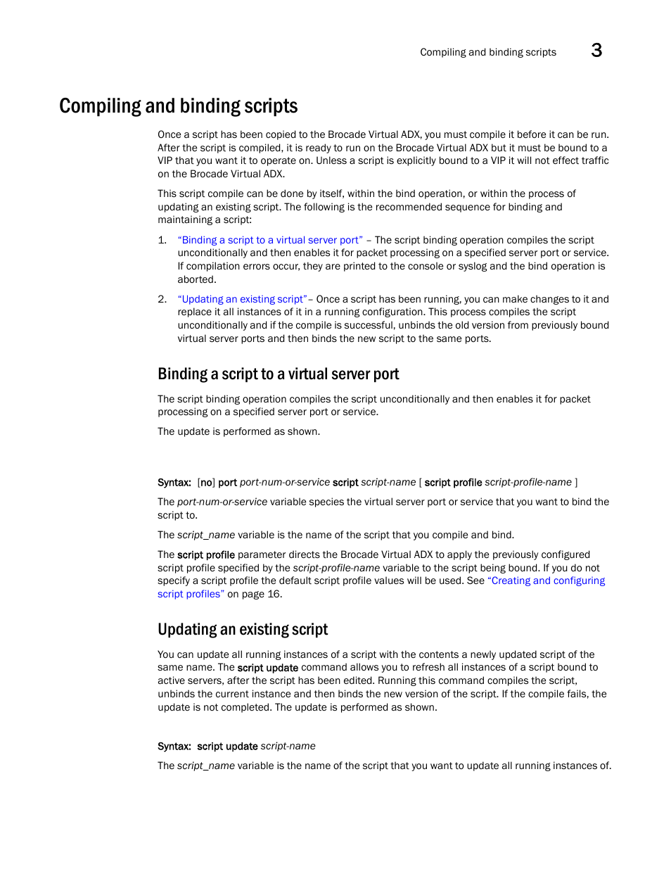 Compiling and binding scripts, Binding a script to a virtual server port, Updating an existing script | Brocade Virtual ADX OpenScript Programmer’s Guide (Supporting ADX v03.1.00) User Manual | Page 23 / 30