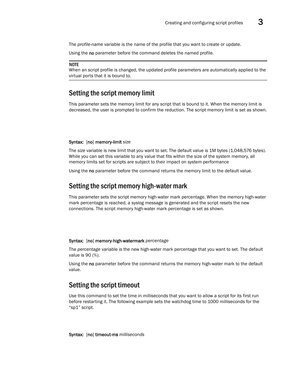 Setting the script memory limit, Setting the script memory high-water mark, Setting the script timeout | Brocade Virtual ADX OpenScript Programmer’s Guide (Supporting ADX v03.1.00) User Manual | Page 25 / 30