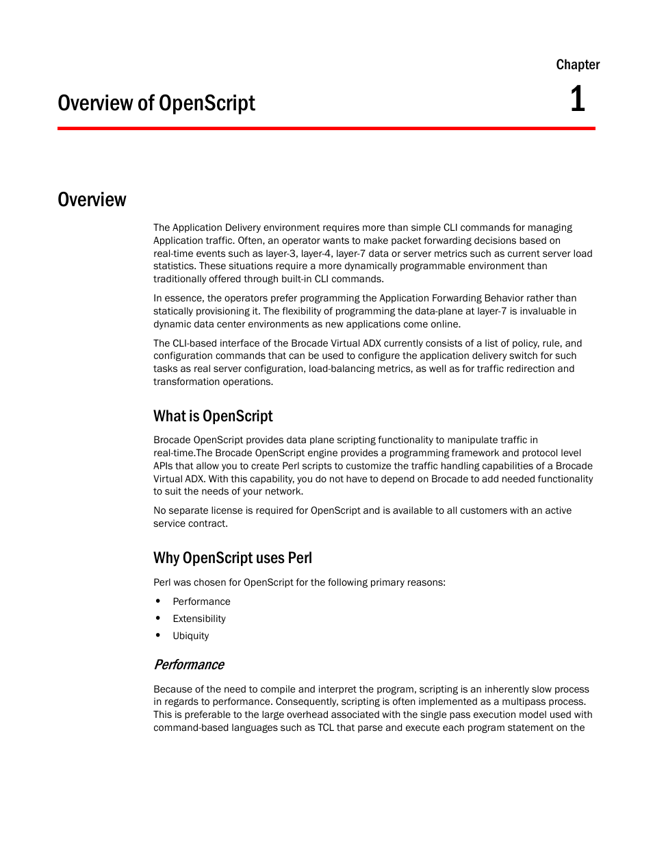 Overview of openscript, Overview, What is openscript | Why openscript uses perl, Chapter 1, What is openscript why openscript uses perl | Brocade Virtual ADX OpenScript Programmer’s Guide (Supporting ADX v03.1.00) User Manual | Page 9 / 30