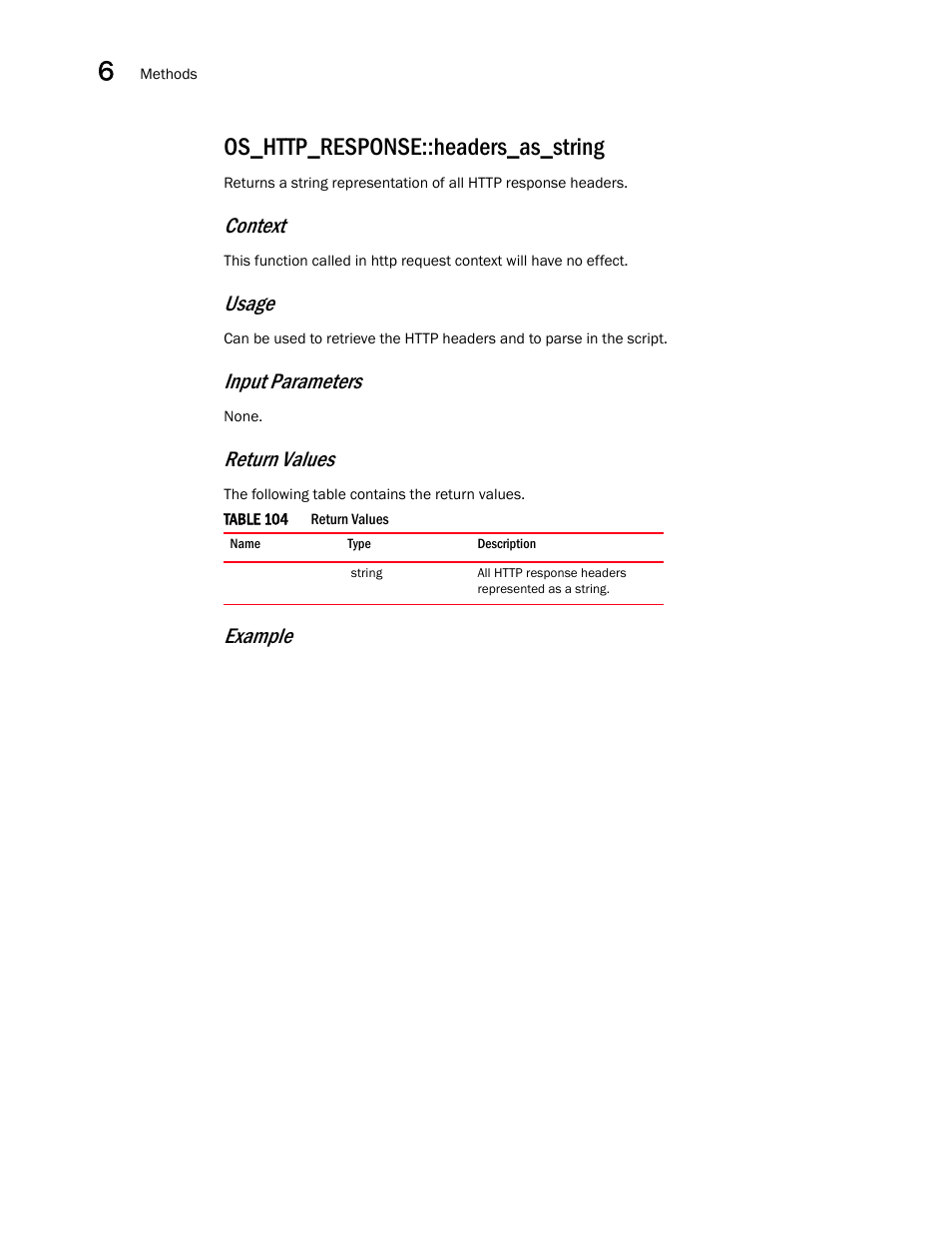 Os_http_response::headers_as_string, Context, Usage | Input parameters, Return values, Example | Brocade Virtual ADX OpenScript API Guide (Supporting ADX v03.1.00) User Manual | Page 100 / 132